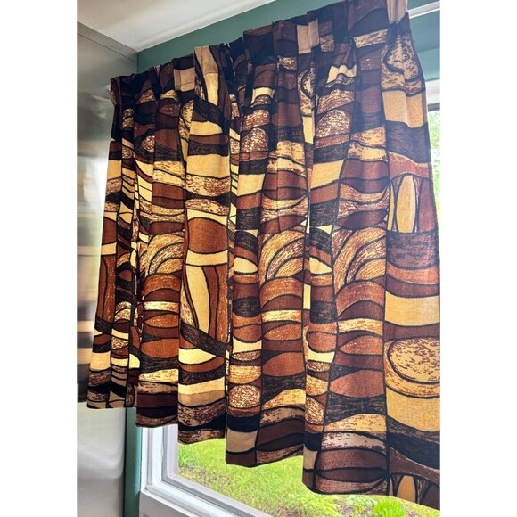 Vintage 70s pleated curtains, brown, rust, tan abstract pattern, velvet, pair - Picture 2 of 10